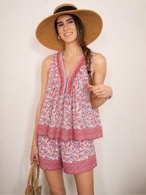 NWT! Vineyard Vines Block Print Floral summer Set Papaya Punch Sz S/M